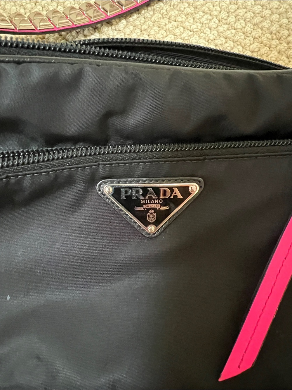 Prada Black Nylon Crossbody Bag with Pink Studded Strap Accent - Picture 3 of 6